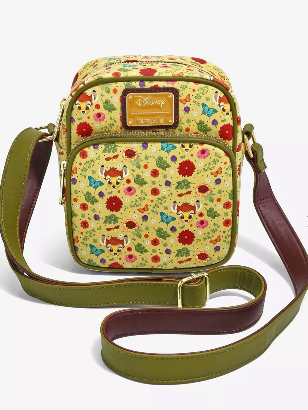 Disney Yellow Bambi Floral Crossbody Bag with Olive Strap